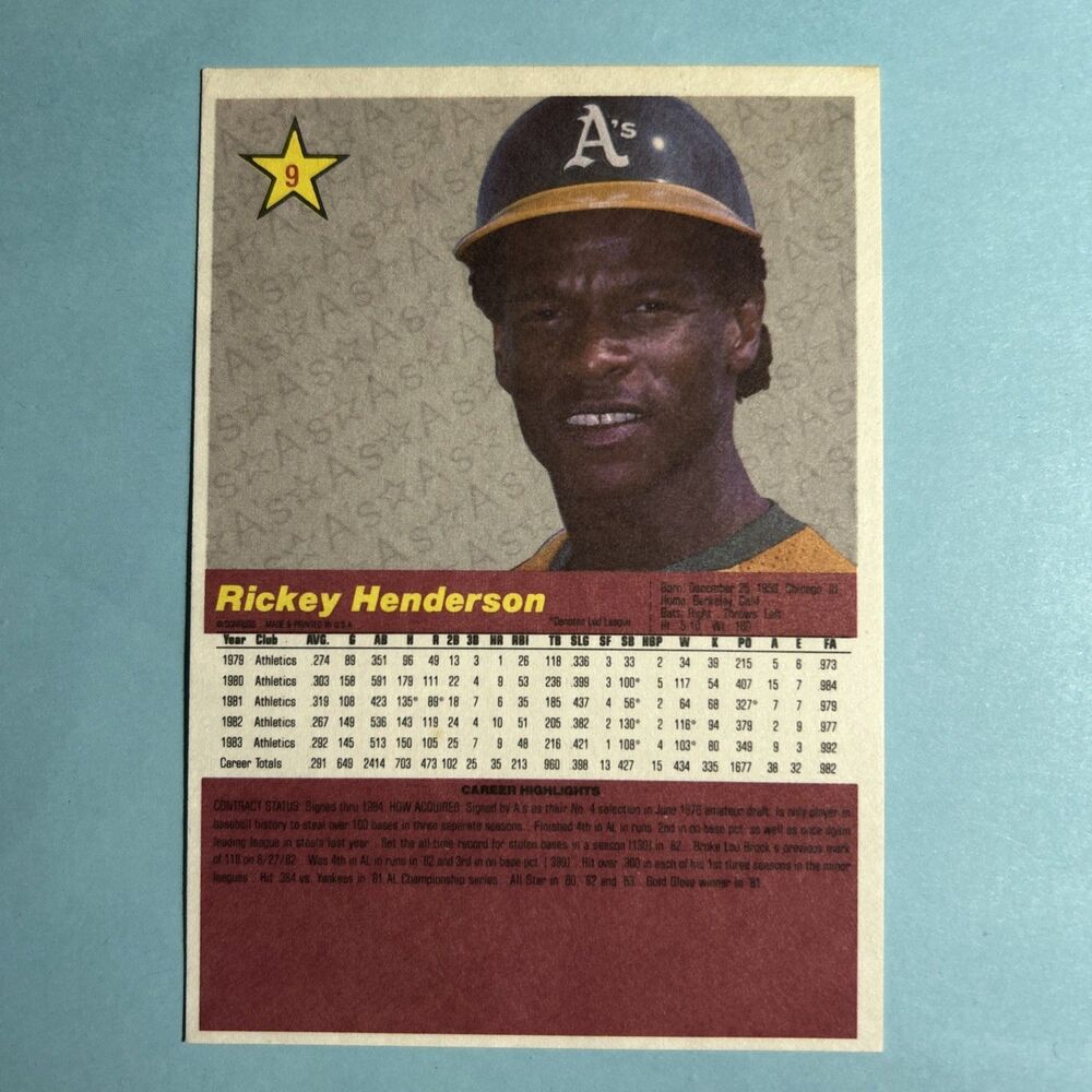 (2) 1984 Donruss Action All-Stars Oakland A’s,Rickey Henderson #9 (5x3.5)- EX/NM - Picture 3 of 5